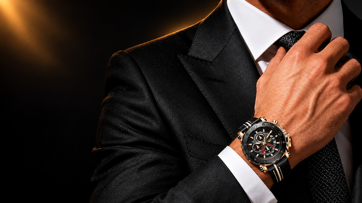 Man in a black suit wearing the LIGE Legacy Black and Gold watch