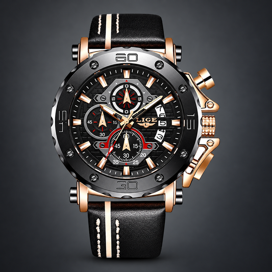 LIGE Legacy Watch - Black & Gold on charcoal grey background