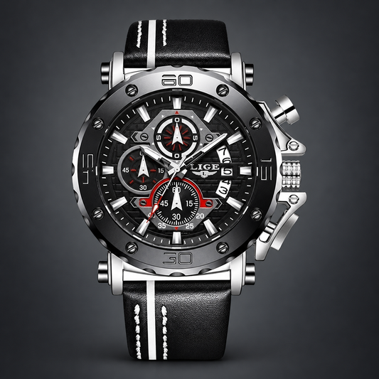 LIGE Legacy Watch - Black & Silver on charcoal grey background