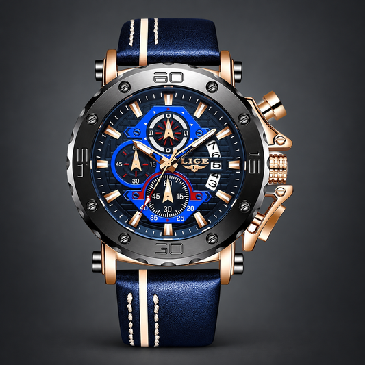 LIGE Legacy Watch - Blue & Gold on charcoal grey background