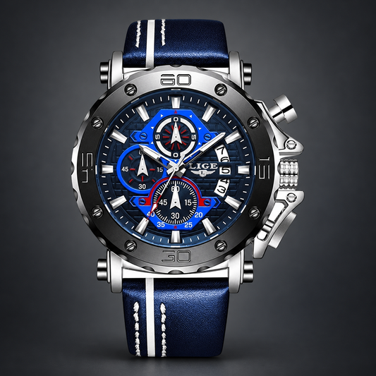 LIGE Legacy Watch - Blue & Silver on charcoal grey background